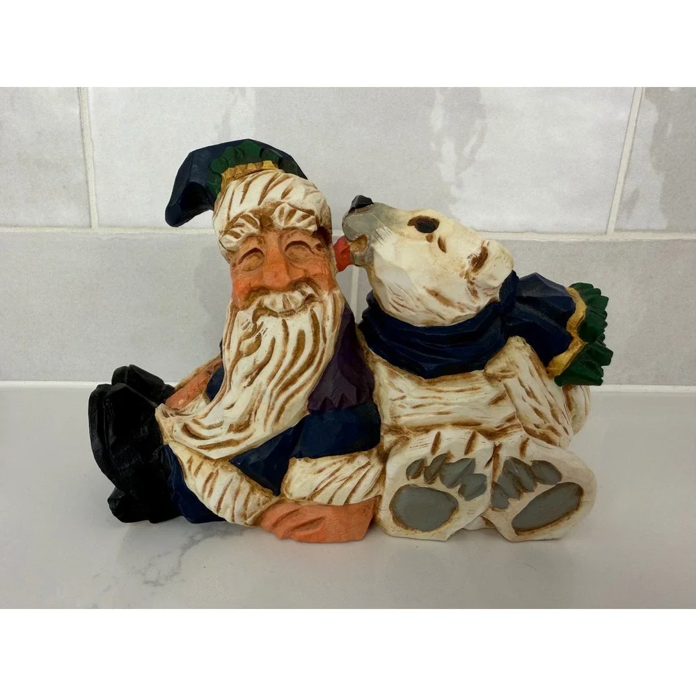 David Frykman Figurine Polar Bear Kissing Santa 1997 DF1063 Blue White Folk Art